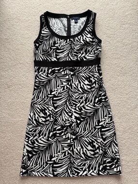 Chaps Black & Cream Palm Leaf Print Empire Waist Dress Size 10
